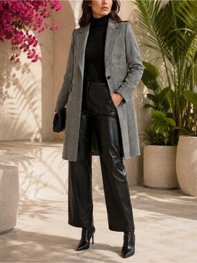 AllSaints Tamia Check Wool-Blend Duster Black/Gray Plaid Long Single-Button Coat